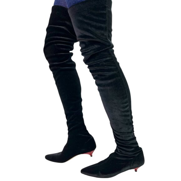Gia Couture Boom Black Velvet Over The Knee OTK Boots Red Kitten Heels EU 38, 8 - Picture 3 of 14